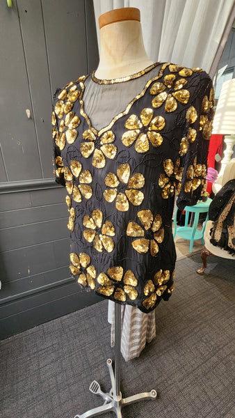 Short Sleeved Laurence Kazar Black and Gold Sequin Top