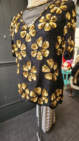 Short Sleeved Laurence Kazar Black and Gold Sequin Top