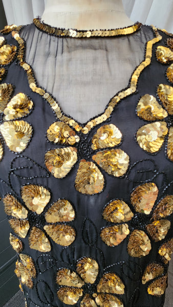 Short Sleeved Laurence Kazar Black and Gold Sequin Top