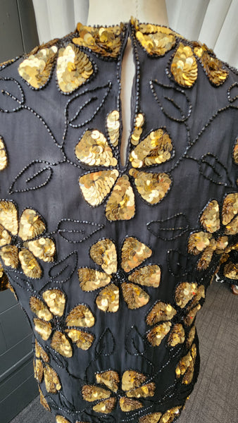 Short Sleeved Laurence Kazar Black and Gold Sequin Top