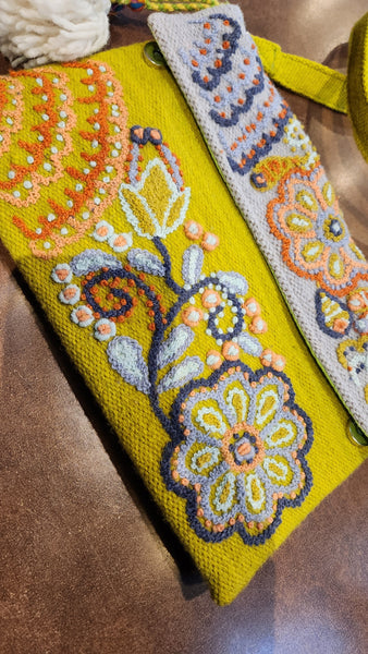 Beyond Threads Embroidered Green Gold Wool Purse