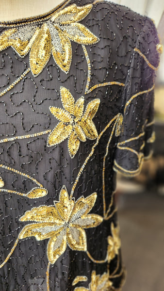 Royal Feelings Black and Gold Floral Short Sleeve Sequin Blouse