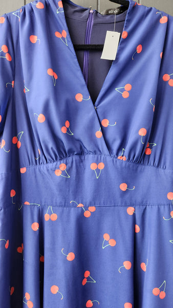 eShakti Cap Sleeve Navy Dress with Cherries