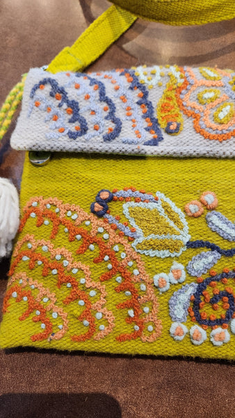 Beyond Threads Embroidered Green Gold Wool Purse