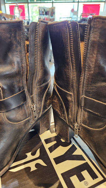 Frye Espresso Brown Leather Boots with decorative Buckle Work