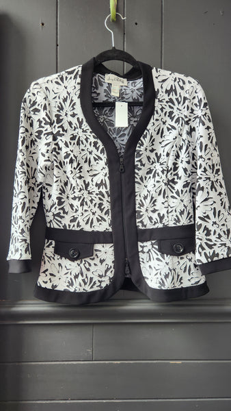 Joseph Ribkoff White Floral Knit over Black Background Jacket
