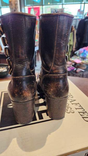 Frye Espresso Brown Leather Boots with decorative Buckle Work