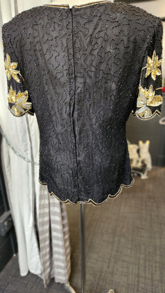 Royal Feelings Black and Gold Floral Short Sleeve Sequin Blouse