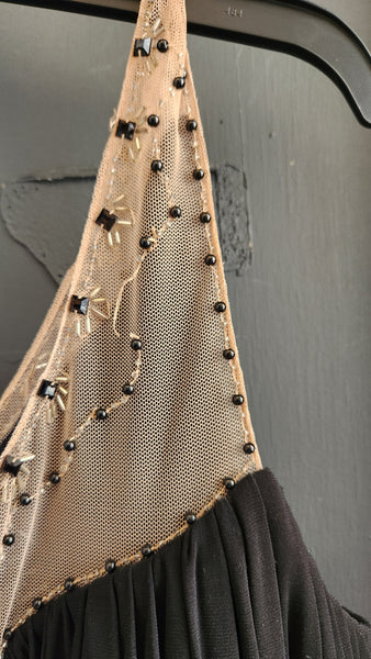 Xscape Sleeveless Sheer and Beaded Black Long Gown