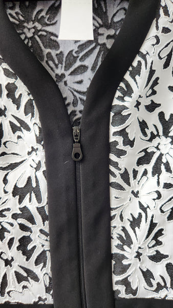 Joseph Ribkoff White Floral Knit over Black Background Jacket