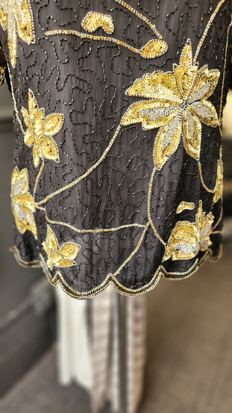 Royal Feelings Black and Gold Floral Short Sleeve Sequin Blouse