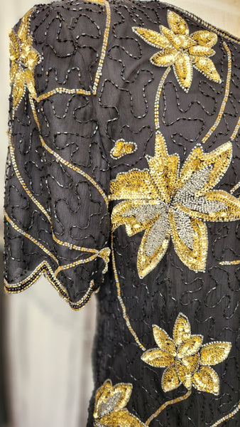 Royal Feelings Black and Gold Floral Short Sleeve Sequin Blouse