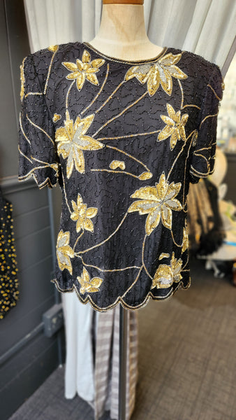 Royal Feelings Black and Gold Floral Short Sleeve Sequin Blouse
