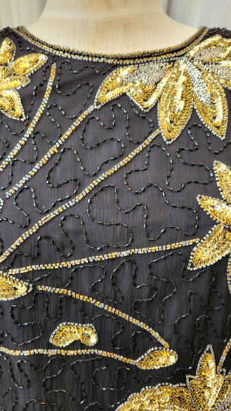 Royal Feelings Black and Gold Floral Short Sleeve Sequin Blouse