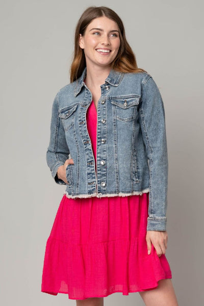 Frayed Denim Jacket w/ Rhinestone Buttons