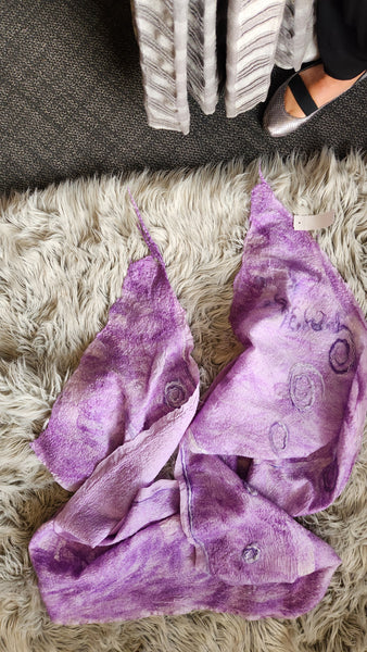 Felted wool on lilac Silk