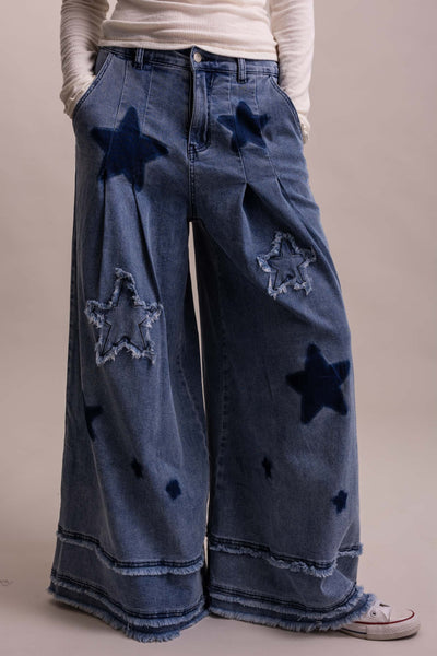 Star Patch Wide Leg Stretchy Denim Pants