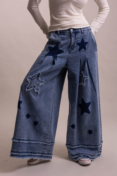 Star Patch Wide Leg Stretchy Denim Pants