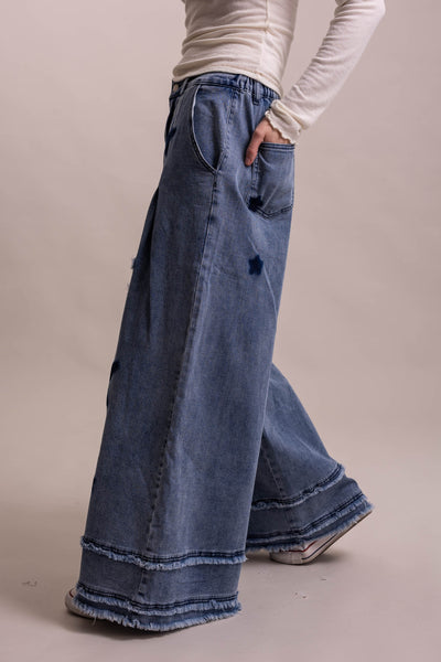 Star Patch Wide Leg Stretchy Denim Pants