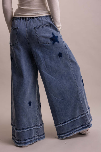 Star Patch Wide Leg Stretchy Denim Pants
