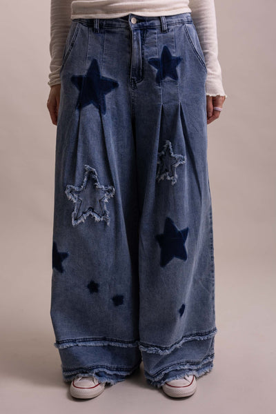 Star Patch Wide Leg Stretchy Denim Pants
