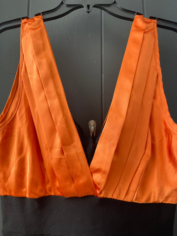Trac Shift Dress in Orange Satin and Black skirt