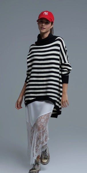 High Neck Oversized Sweater with Bat Wings and Stripes