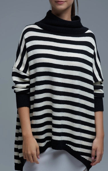 High Neck Oversized Sweater with Bat Wings and Stripes