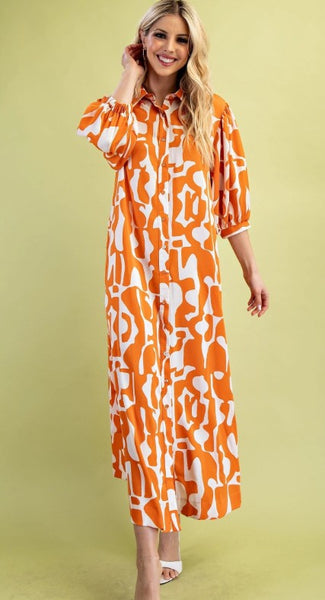Geometric Print Button Down Shirt Dress