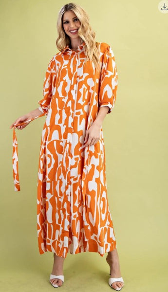 Geometric Print Button Down Shirt Dress