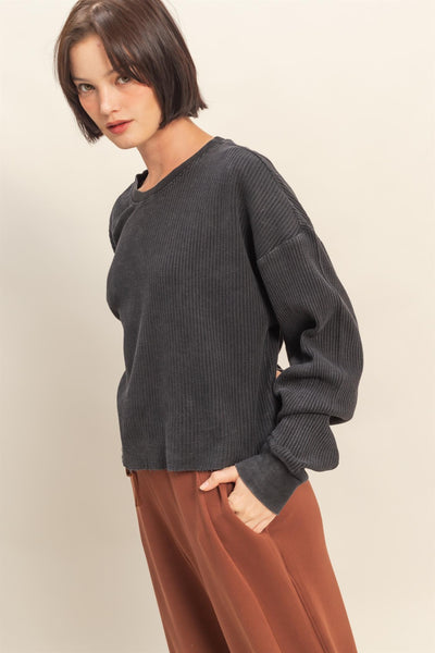 Mineral Washed Waffle Long Sleeve Top
