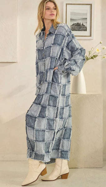 Mineral Wash Oversized Patchwork Shirt Dress