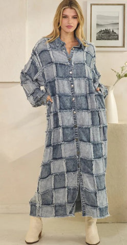 Mineral Wash Oversized Patchwork Shirt Dress