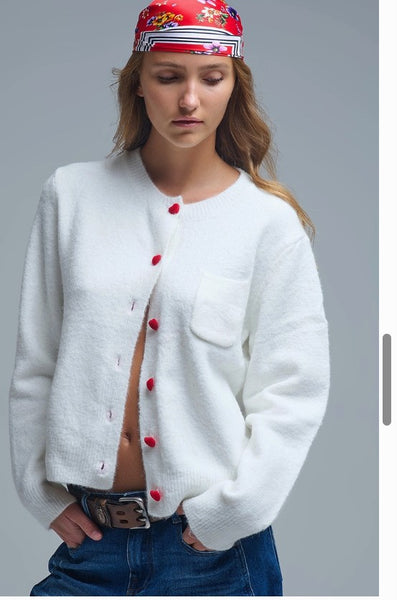 Charming White Cardigan with Heart Buttons