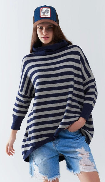 High Neck Oversized Sweater with Bat Wings and Stripes