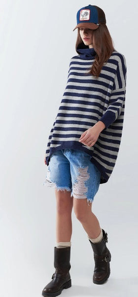 High Neck Oversized Sweater with Bat Wings and Stripes