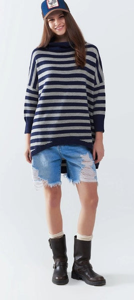 High Neck Oversized Sweater with Bat Wings and Stripes