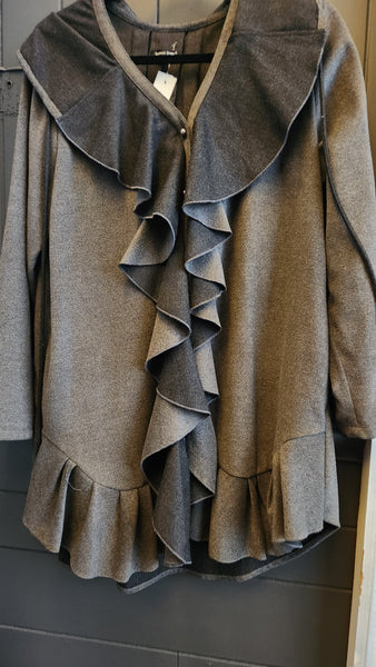 Samuel Dong Ruffle Front Gray and Black Fleece Coat