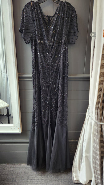 Ashley Lauren Black Short Sleeve Beaded Gown