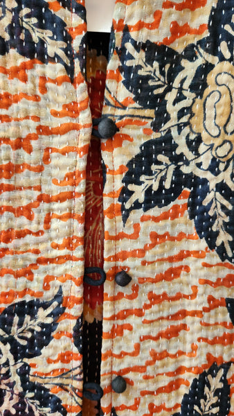 Kantha Style Coat in Orange and Deepest Black/ Blue Floral Motif