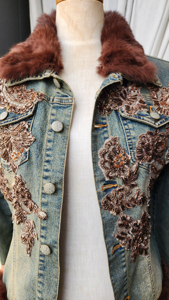 Hazel Denim Jacket with Faux Fur Collar and Cuffs and Brown embroidered floral detail