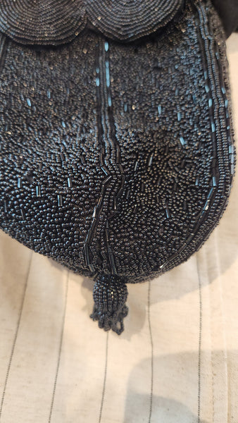 Black Flower Bell Beaded Crossbody Purse