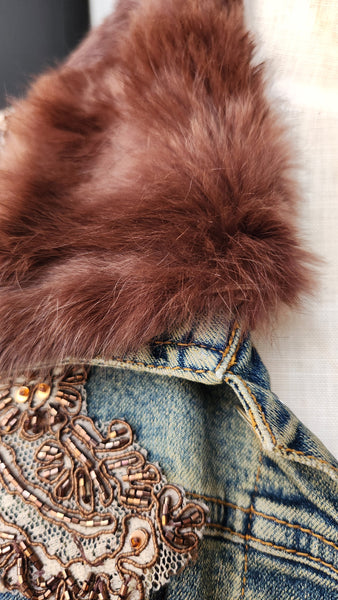 Hazel Denim Jacket with Faux Fur Collar and Cuffs and Brown embroidered floral detail