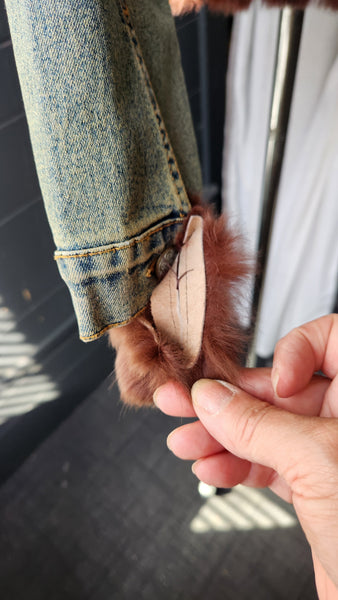 Hazel Denim Jacket with Faux Fur Collar and Cuffs and Brown embroidered floral detail