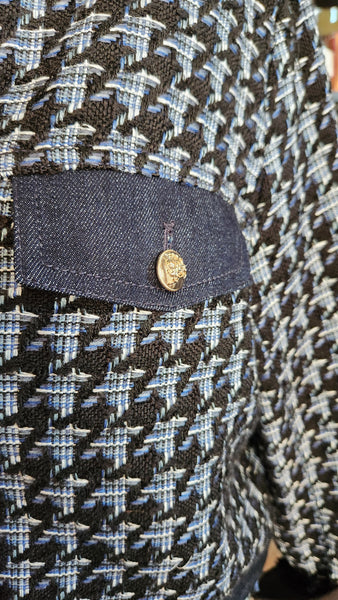 Ann Taylor Blue Woven and Denim Blazer with fringe trim