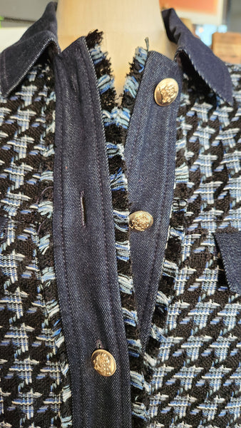 Ann Taylor Blue Woven and Denim Blazer with fringe trim