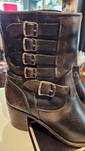 Frye Espresso Brown Leather Boots with decorative Buckle Work