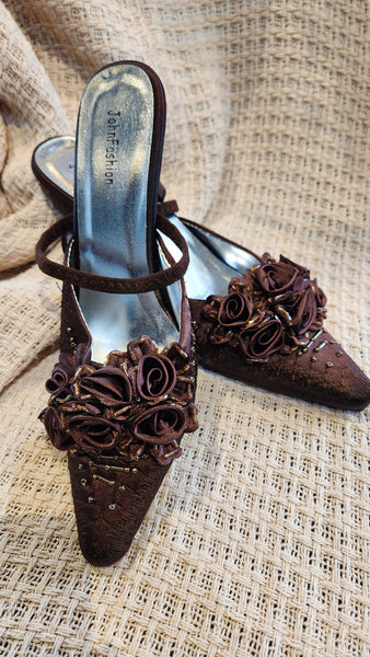 John Fashion Brown Silk Heels