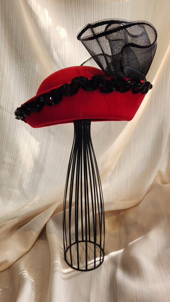 Red Felted Wool Hat with Black Sequin Trim and Black Netting