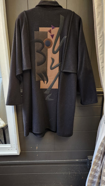 Vintage Beppa Black Wool Coat with Abstract Oriental Motif